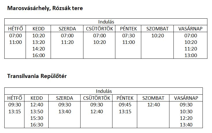 Menetrend, repülőtéri buszjáratok, Marosvásárhely, Transilvania Nemzetközi Repülőtér